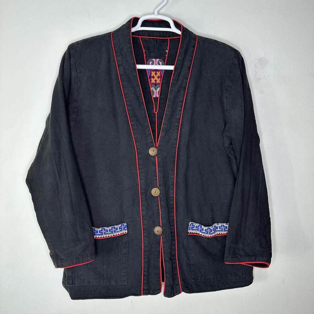 Vintage Embroidered Jacket Black Kimono Women's XL Reversible Cotton Blend Boho‎ - Picture 4 of 11